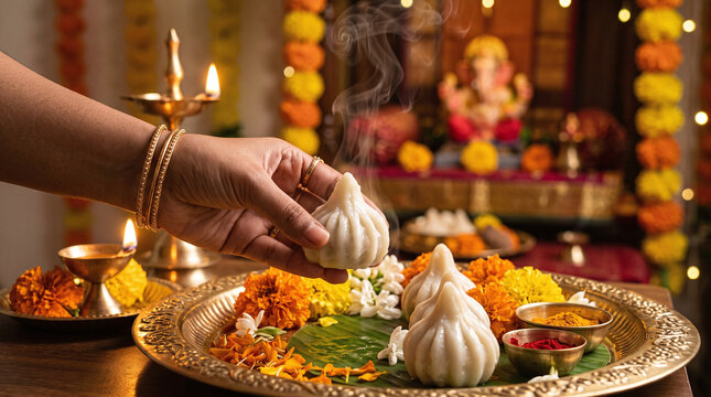 Hand placing steamed modak on a traditional pooja thali for Ganesh Chaturthi.