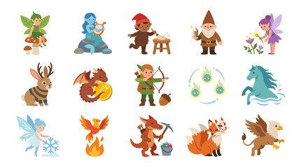 Obraz premium Flat Style Magical Creatures and Fantasy Characters Vector Icons