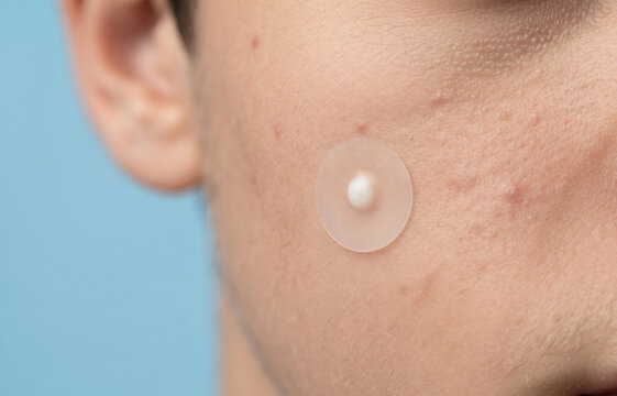 Close up of man cheek skin with hydrocolloid acne pimple patch sticker