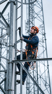 Telecom technician climbing a steel mast tower wearing safety harness and helmet.
