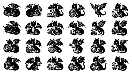 Fototapeta premium Cute Fantasy Baby Dragon Silhouette Vector Icons with Eggs and Plants - Black White Glyph Art Set