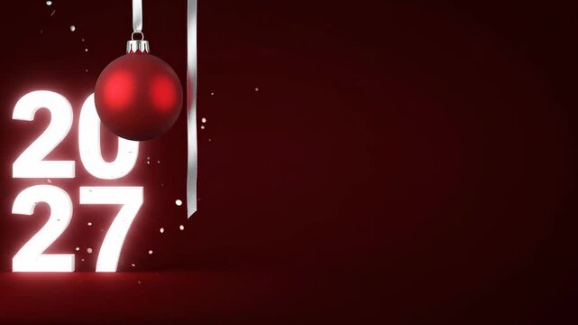 2027 New Year animation with glowing numbers, red ornament, confetti, red background, holiday greetings.