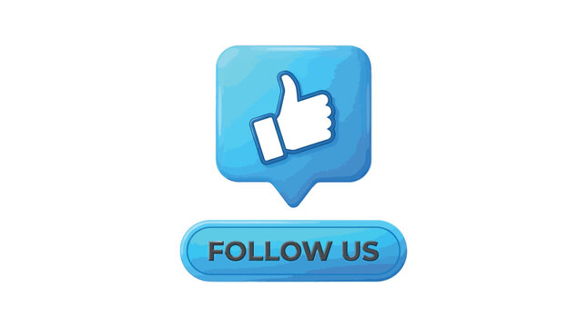 Glossy blue vector graphic illustration featuring a thumbs up icon inside a speech bubble with follow us button text design