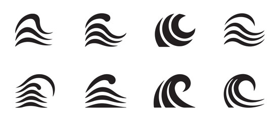 Fototapeta premium Set of black ocean wave icons depicting surfing crests and sea flow for nautical branding and water graphic design.