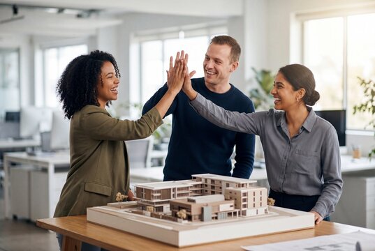 Diverse Professional Team Celebrating Success with High Five in Architecture Office