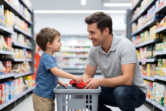 Father and Son Bonding During Grocery Store Shopping Trip Together