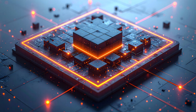 Futuristic digital processing core with glowing circuitry, abstract design, and cubical architecture. Focused on technology