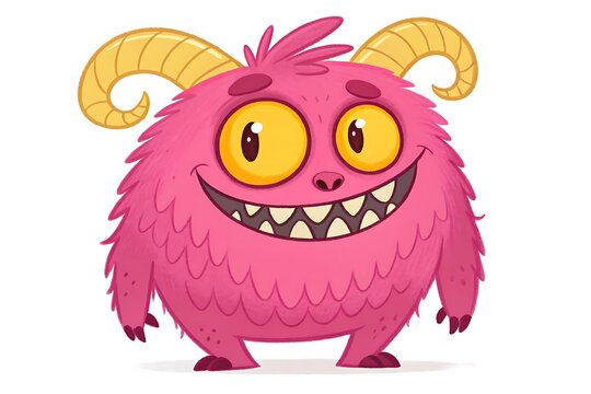 Cute pink monster with yellow eyes and horns smiling