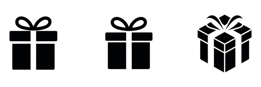 Black gift box icons with elegant packaging symbols for presents, celebrations, birthdays, holidays, and special occasions.