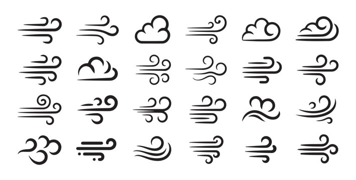 Stylized wind icons showing gusts and breezes for weather forecasts and climate change visualizations.