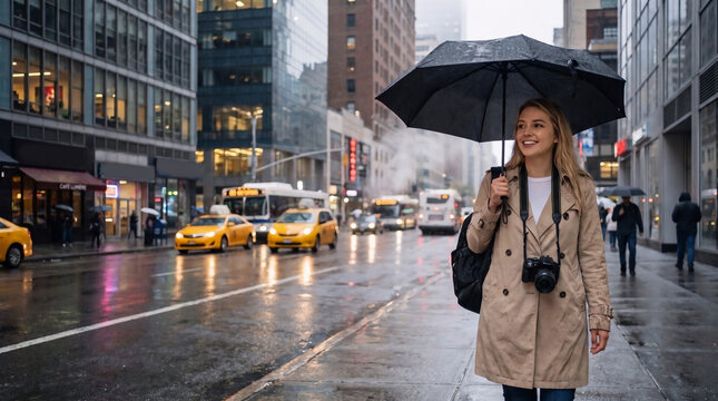 Female Tourist Walking With Umbrella And Camera On Rainy City Street