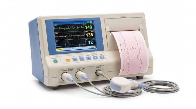 Medical fetal heart monitor machine with screen display showing vital signs and paper printout for pregnancy