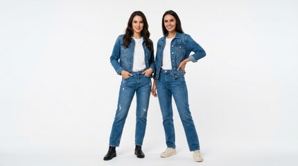Fototapeta premium Two happy young women wearing blue denim jackets and jeans standing together