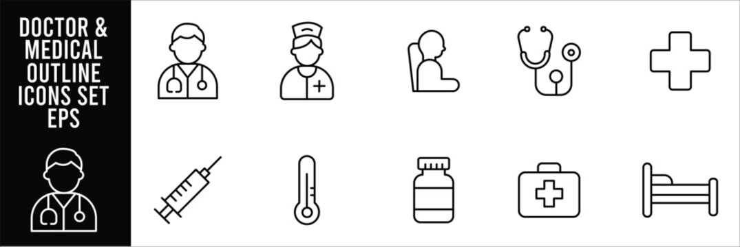 Doctor and medical outline icon set featuring healthcare professionals wheelchair stethoscope cross syringe thermometer medicine bottle first aid kit and hospital bed symbols for care