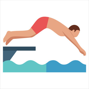 Charming artistic rendering showing diving gentleman pool board azure blue displayed on a simple white backdrop