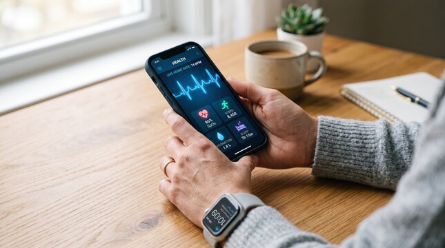 Person holding smartphone displaying health monitoring app with heart rate graph, fitness tracking technology, wearable smartwatch syncing with mobile device for personal wellness