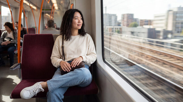 female traveler sitting on public transportation seat observing blurred urban scenery outside glass window during daytime journey, contemplative mood and city commute concept