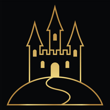 Spooky Halloween Castle Silhouette with Winding Road on Dark Hill, Gold Vector Line Art