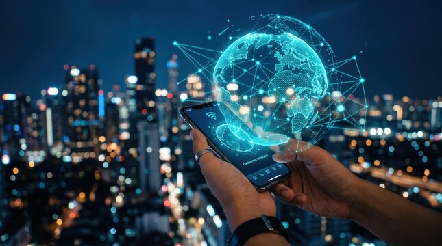 Hands holding smartphone displaying glowing digital earth globe with network connections, global communication technology, night city skyline with bokeh lights