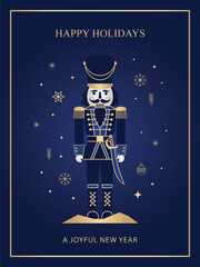 Naklejka premium Christmas Nutcracker Soldier Flat Vector Illustration with Golden Snowflakes on Dark Blue Background, Happy Holidays and Joyful New Year Greeting Card or Poster Design, Winter Festive Concept