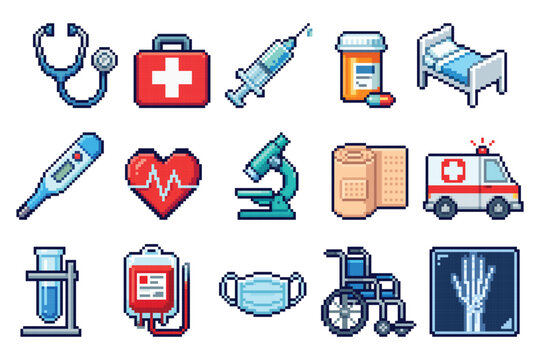 A medical icons pixel art collection featuring healthcare symbols and tools