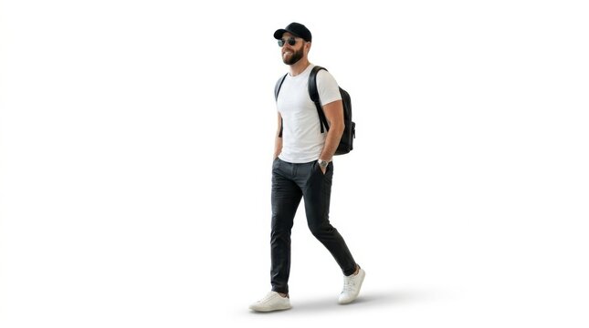 Young man with beard wearing a white t-shirt and black cap walking with a backpack isolated on a clean white background