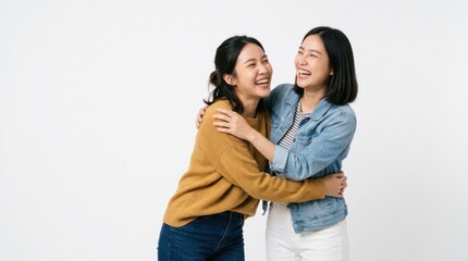 Fototapeta premium Two happy Asian women hugging each other and laughing together