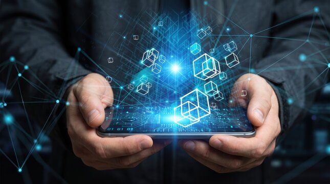 Futuristic blockchain technology with glowing digital cubes and network connections emerging from smartphone screen, cryptocurrency, decentralized finance, secure data transmission