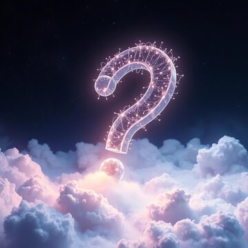 A shimmering question mark floats amidst swirling clouds of interstellar gas, space, celestial