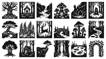 Fototapeta premium Monochromatic Fantasy Woodland Nature Silhouette Vector Icons Set