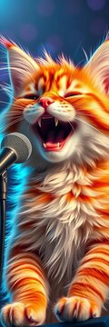 Furry feline crooner belting out tune with glee, fantasy, ||orange tabby cat