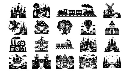 Fototapeta premium Fantasy Fairytale Adventure Travel Glyph Icons Set. Castles, Trains, Villages, Landscapes. Black Style.