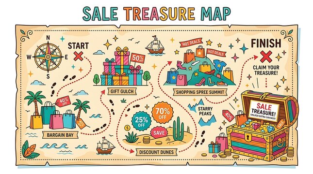 Sale Treasure Map with Shopping Path and Discount Icons for Retail Marketing Campaigns