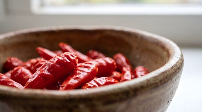 Red chili peppers in a rustic ceramic bowl, close-up shot