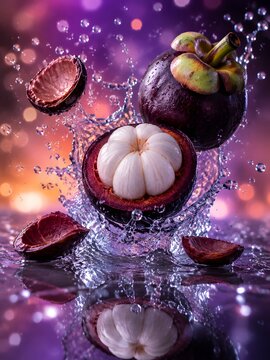 Dynamic splash of fresh purple mangosteen fruit with white flesh and water droplets on reflective surface against bokeh background