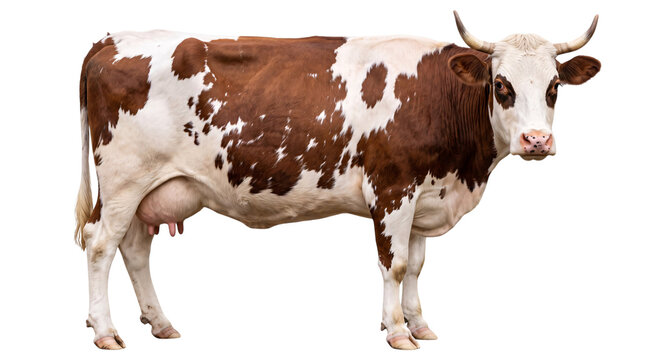 Brown and white spotted cow facing right on white background, png isolated on, transparent background