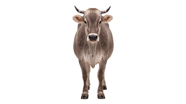 Brown cow facing forward on a white background, png isolated on, transparent background