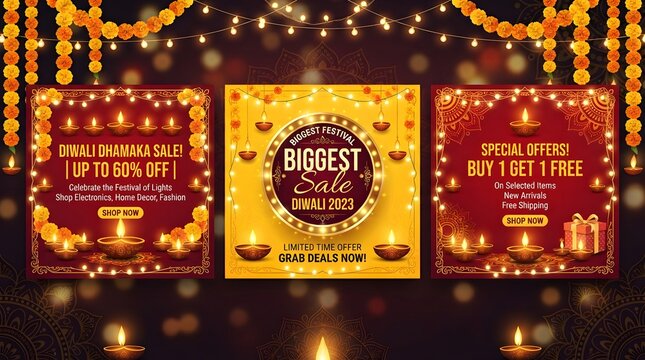 Set of three square diwali sale social media banners with traditional lamps, marigold garlands, and festive text for holiday shopping