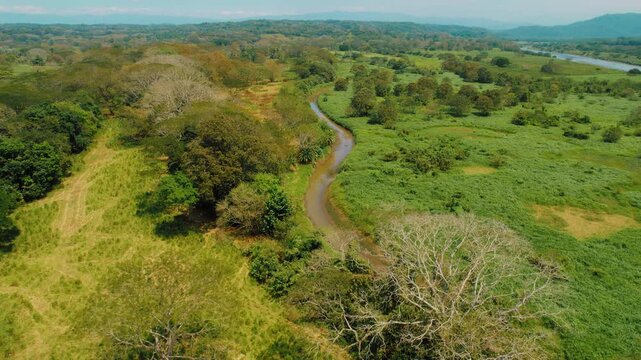 Winding stream cuts through vibrant green meadows in rural Costa Rica