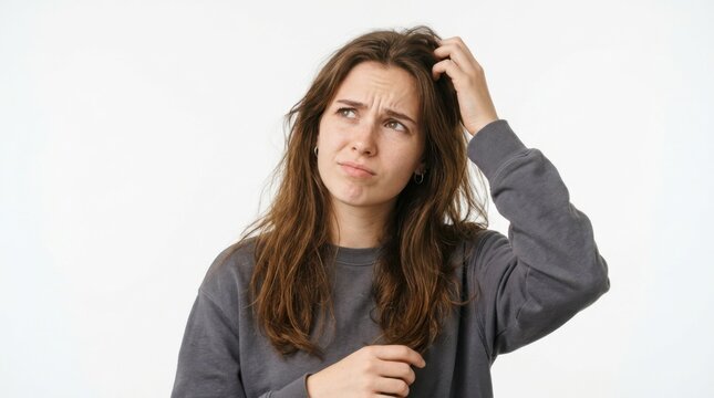 Young woman looking confused and scratching her head in deep thought