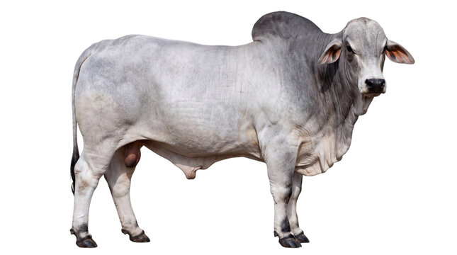Full body portrait of a gray brahman bull standing on a png isolated on transparent background