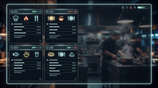 Digital restaurant kitchen order display interface over blurred chefs
