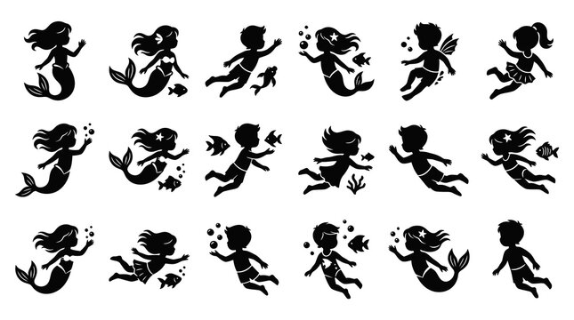 Kids Mermaids and Mermen Swimming Silhouette Set. Children Underwater Fantasy Playtime Glyphs.