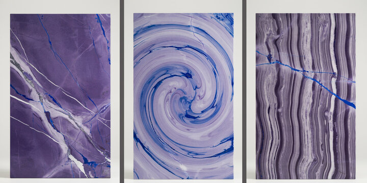 Three vertical panels displaying abstract purple and blue marble stone textures and swirls