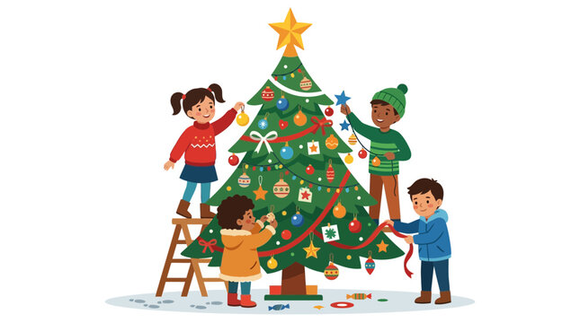 Children Decorating Christmas Tree with Ornaments and Lights