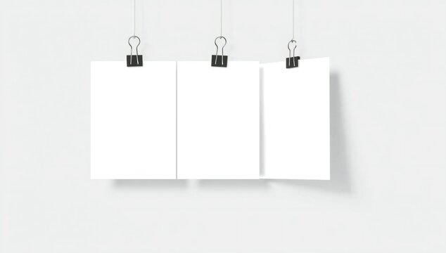 Three blank paper sheets hanging from black binder clips on a wire
