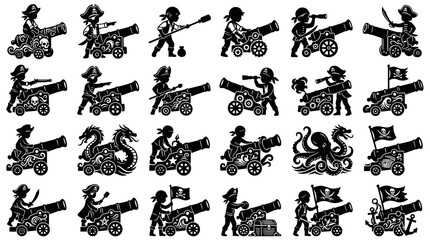 Fototapeta premium Pirate Adventure Glyph Silhouettes: Children, Cannons, and Sea Monsters Vector Art Collection.