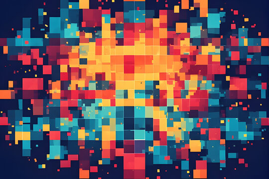 Abstract colorful pixel square explosion background with glowing geometric digital mosaic elements