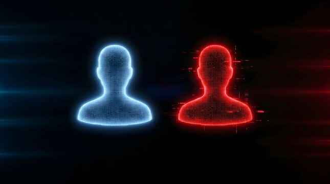 Two digital silhouette avatars one glowing blue and one distorted red representing safe user identity versus cybersecurity threats