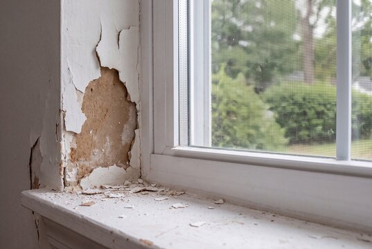 Close-up view of peeling white paint and damaged plaster on an interior wall next to a window.